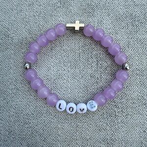 Purple Beaded Bracelet with Cross and Love Charm